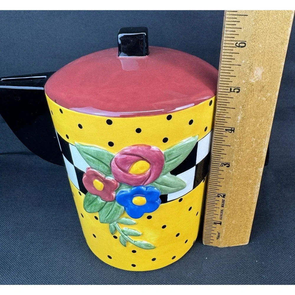 Vintage Mary Engelbreit Teapot Coin Piggy Bank 1995 Yellow Floral Polka Dots 6
